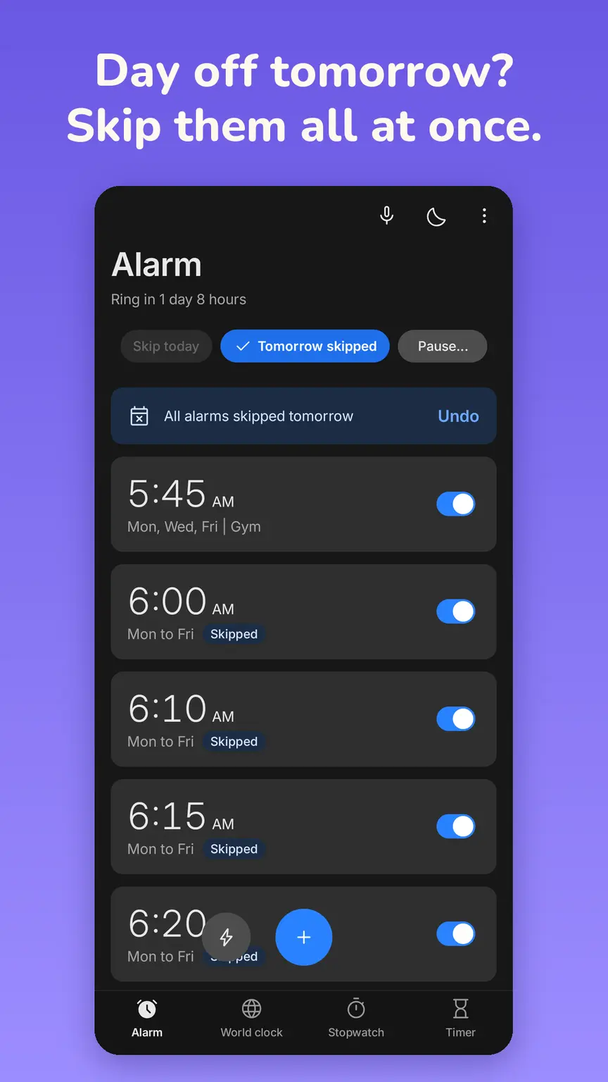 Alarm list after Skip tomorrow, with an Undo banner and each skipped alarm marked Skipped