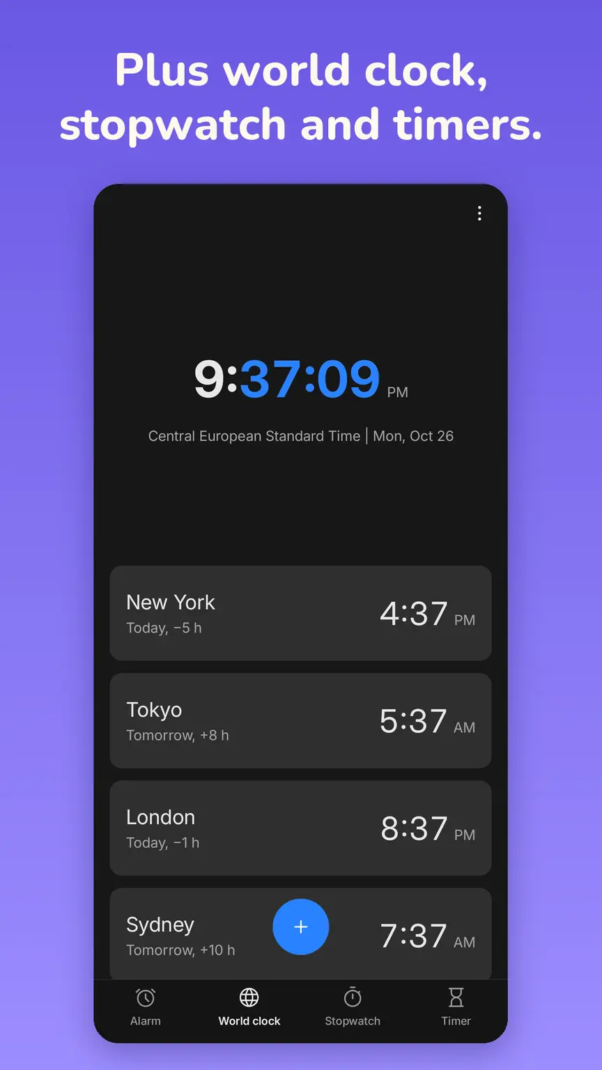 World clock with the local time on top and New York, Tokyo, London and Sydney below